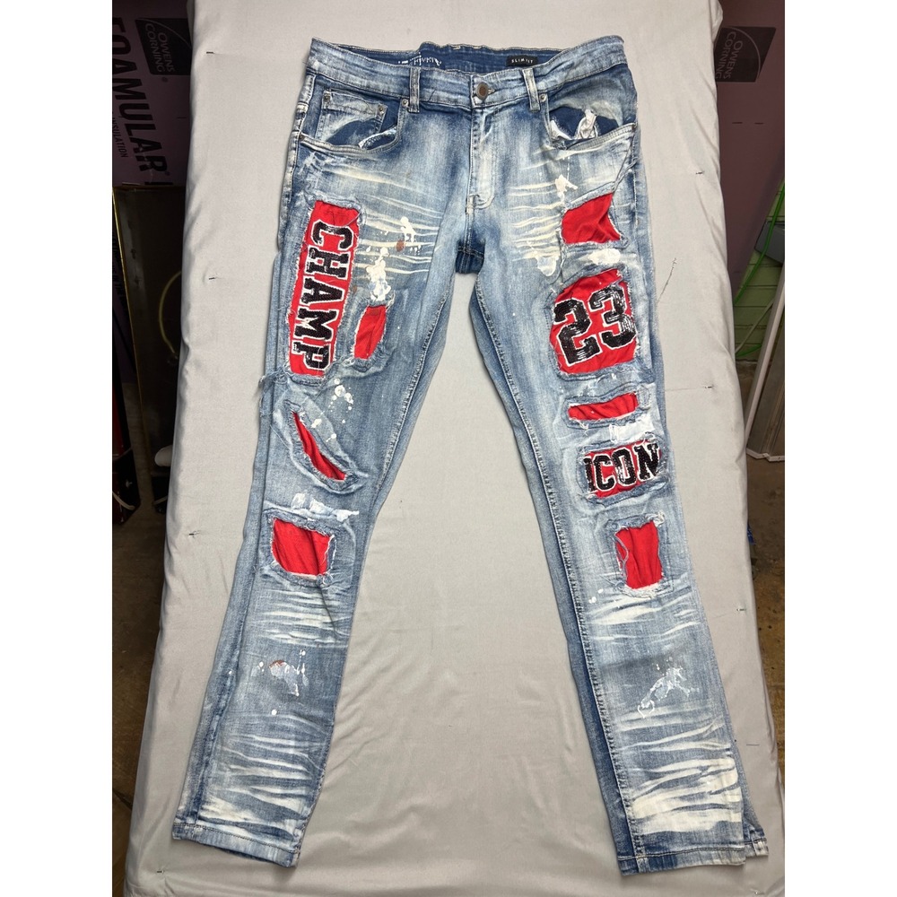 Copper Rivet Mens Slim Fit Distressed Jeans Light Wash Red Patches 36x32